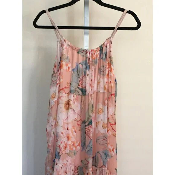 Elena Baldi Maxi Dress Blush Silk Blend Summer Floral Brunch Braided Straps XL - Picture 3 of 13